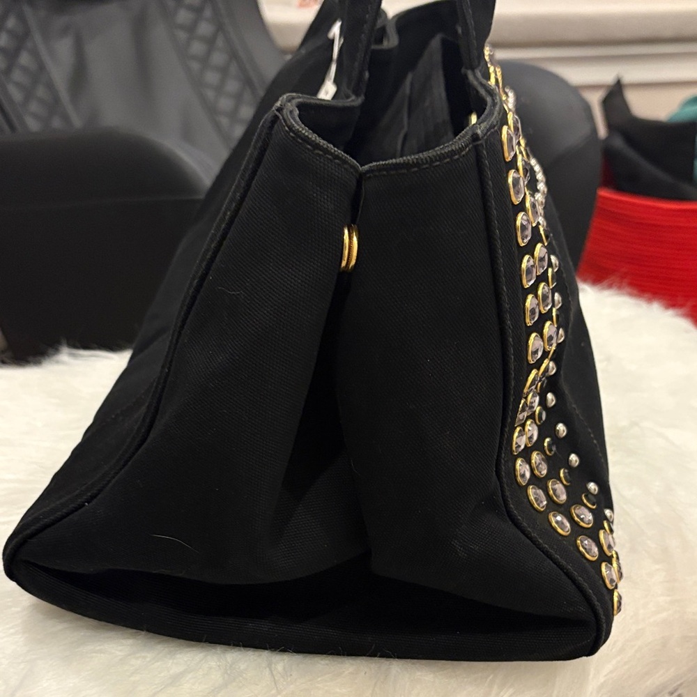 Beautiful Prada ❤️ Crystal Studded Black Denim Canapa Tote Bag - Picture 3 of 16